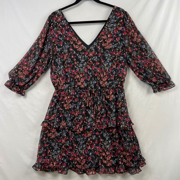 BCX Dresses & Skirts - BCX Floral Tiered Mini Dress Women XL Black Red Gold Metallic V-Neck Ruffle
